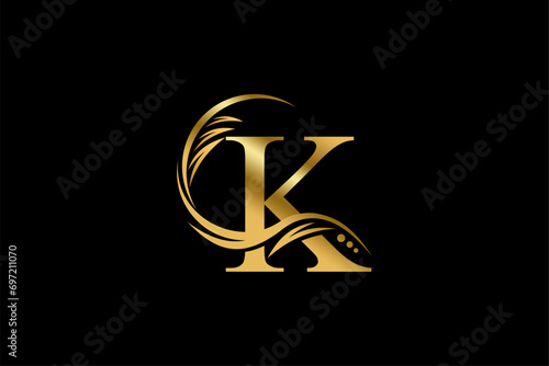 Gold letter K logo design with beautiful leaf, flower and feather ornaments. initial letter K. monogram K flourish. suitable for logos for boutiques, businesses, companies, beauty, offices, spas, etc