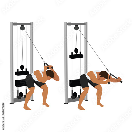 Man doing bent over rope triceps extensions exercise. Flat vector illustration isolated on white background