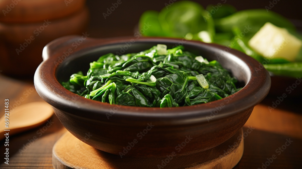 Sauteed Spinach with Garlic in Pottery Bowl. Generative AI Sauteed Spinach with Garlic in Pottery Bowl. Generative AI
