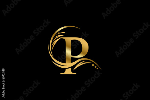 Gold letter P logo design with beautiful leaf, flower and feather ornaments. initial letter P. monogram P flourish. suitable for logos for boutiques, businesses, companies, beauty, offices, spas, etc