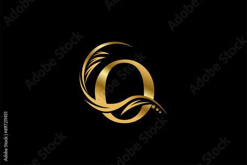 Gold letter O logo design with beautiful leaf, flower and feather ornaments. initial letter O. monogram O flourish. suitable for logos for boutiques, businesses, companies, beauty, offices, spas, etc