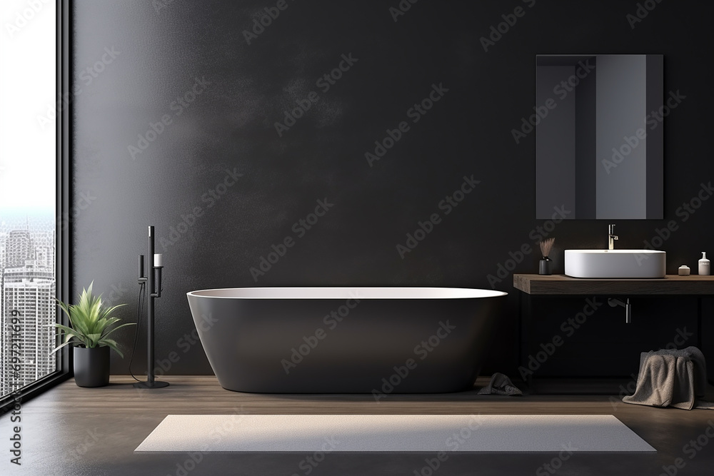 Fototapeta premium 3d rendered Minimal style black theme Modern bathroom interior design with bathtub