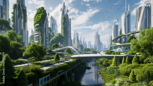 Green Technology Hub: A futuristic cityscape with green technologies seamlessly integrated, portraying a vision of sustainable living and environmental consciousness