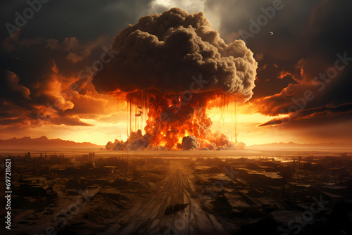 Atomic bomb explosion, detonation and destruction, mushroom cloud. Generative Ai. © Sepia100