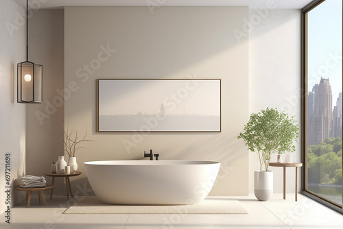 3d rendered Minimal style black theme Modern bathroom interior design with bathtub