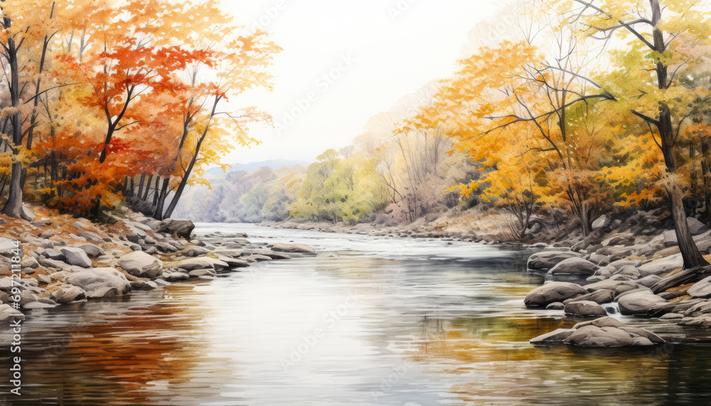 Tranquil Autumn Forest Landscape with Colorful Foliage Reflecting in a Peaceful River