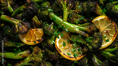 Roasted broccolini with lemon on the plate . Close up angle view. Generative AI photo