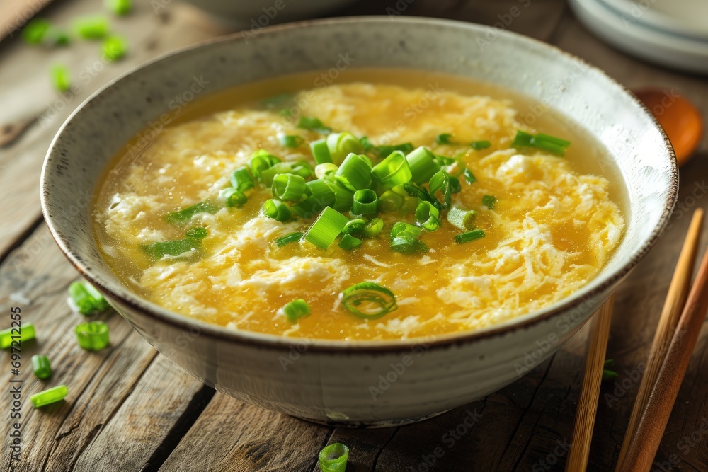 Nourishing Elegance: Egg Drop Soup, a Chinese Culinary Gem, Features a Silky Broth, Softly Poached Eggs, and Traditional Flavors for a Comforting Bowl That Celebrates the Art of Homemade Cooking.**


