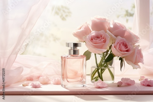 Elegance in a Bottle: Eau de Toilette with Pink Roses on a White Background - A Fragrance of Sublime Beauty and Romantic Aesthetics, Capturing the Essence of Feminine Glamour. photo