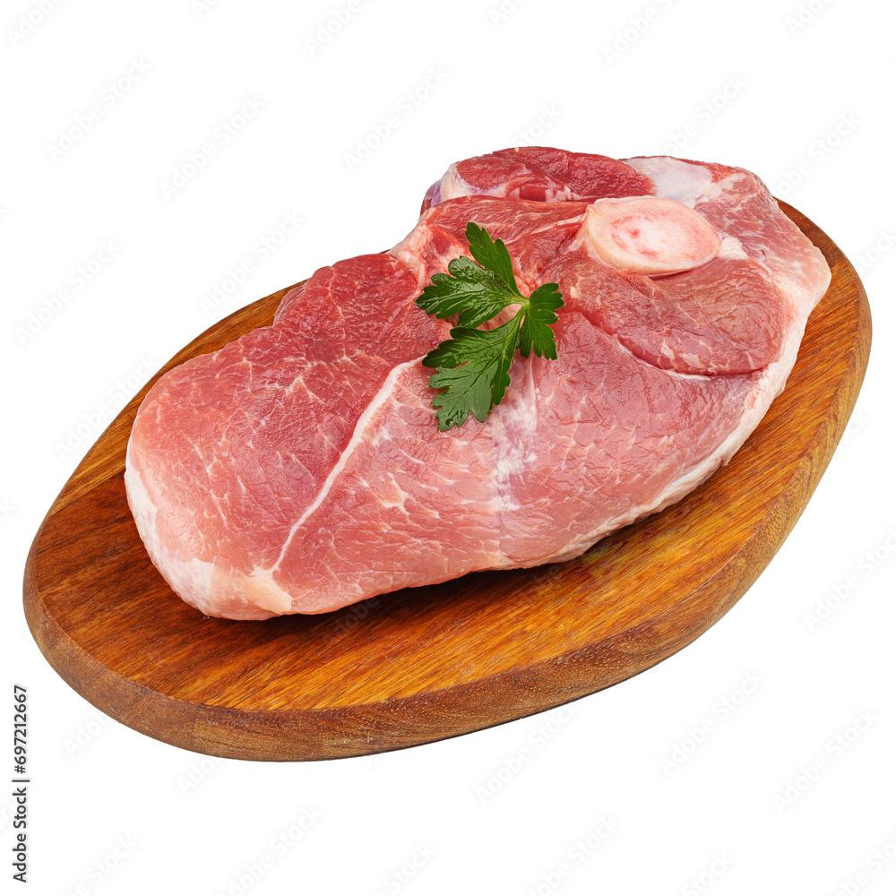 Pork meat, shoulder, raw fresh, on a wooden board, on a white background Pork meat, shoulder, raw fresh, on a wooden board, on a white background