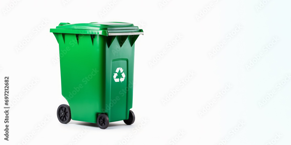 Contenedor de basura verde en fondo blanco con espacio para texto. Contenedor de basura verde en fondo blanco con espacio para texto.