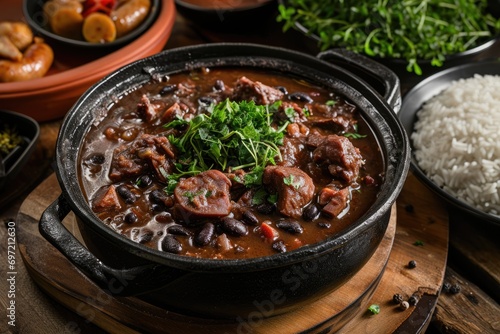 Authentic Portuguese Gastronomy: Feijoada Portuguesa, a Traditional Culinary Masterpiece Featuring a Hearty Stew of Mixed Meats, Including Sausages, Pork, and Black Beans - A Symphony of Flavors.




 photo