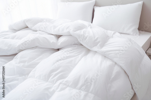 Imagen de cama desecha con edredón nórdico blanco de invierno. photo