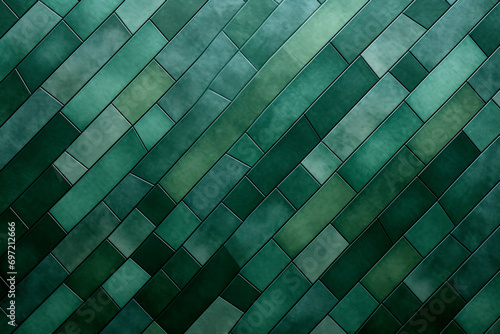 Pared de cuarto de baño de cerca con baldosas estilo mosaico de verdes degradados. photo