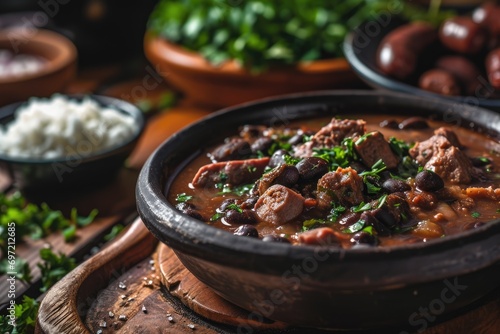 Authentic Portuguese Gastronomy: Feijoada Portuguesa, a Traditional Culinary Masterpiece Featuring a Hearty Stew of Mixed Meats, Including Sausages, Pork, and Black Beans - A Symphony of Flavors.




 photo