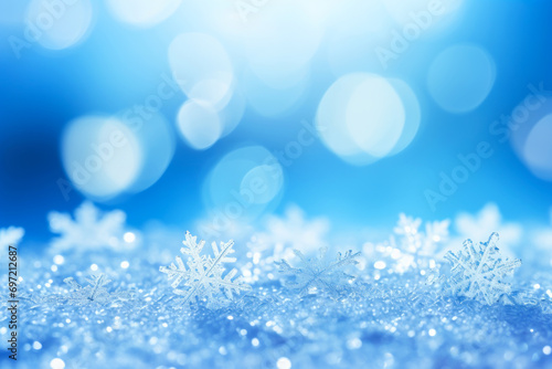 Fondo azul desenfocado con copos de nieve vistos de cerca con formas y siluetas perfectas y hermosas. photo