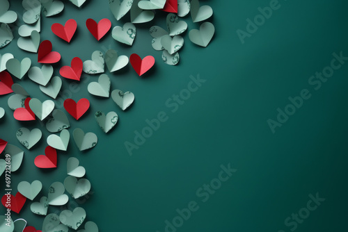 Felicitación de San Valentín: Recortes de corazones de papel de colores sobre fondo verde liso. photo