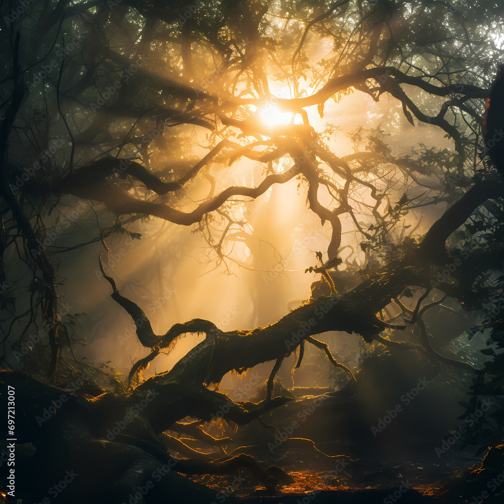 Sunlight filtering through the misty branches of an ancient woodland.