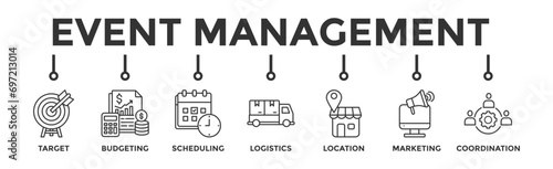 Event management banner web icon vector illustration concept with icon of target, budgeting, scheduling, logistics, location, marketing, and coordination