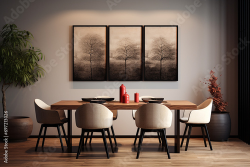 3d rendered Minimal style Modern dining room with and interior design with chair and dining table © Irfan Hameed