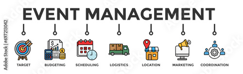 Event management banner web icon vector illustration concept with icon of target, budgeting, scheduling, logistics, location, marketing, and coordination