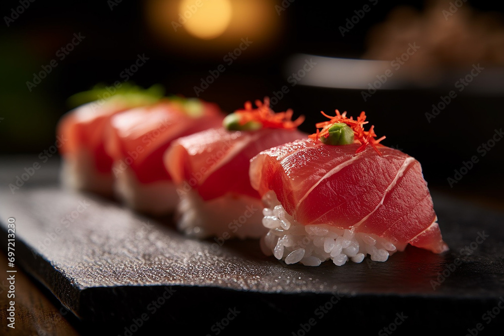 Tuna Sushi Nigiri, Close-up Shot, created with Generative AI Tuna Sushi Nigiri, Close-up Shot, created with Generative AI