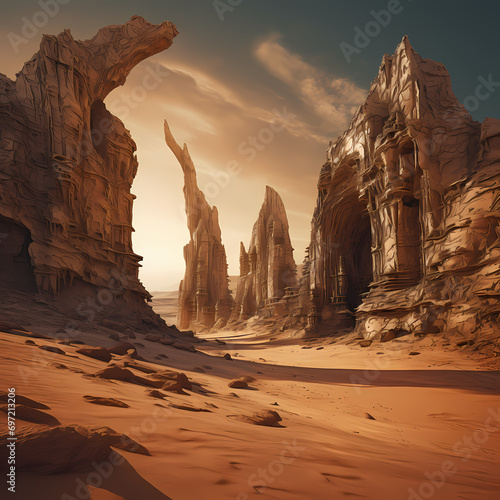 Surreal desert landscape with rock formations resembling ancient ruins.