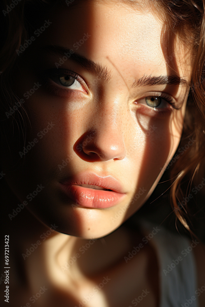 Extreme close up of a caucasian woman with striking Blue eyes and pouty lips. Face of beautiful caucasian woman. interplay of light and shadow. Dramatic composition. High quality photo Extreme close up of a caucasian woman with striking Blue eyes and pouty lips. Face of beautiful caucasian woman. interplay of light and shadow. Dramatic composition. High quality photo