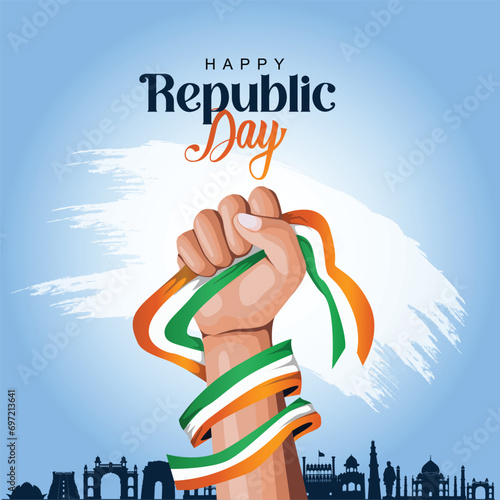 Creative vector Illustration, Card, Banner Or Poster. Happy Republic day India. Hand holding Indian flag design. abstract vector illustration	