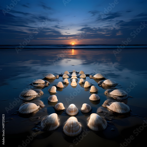 Symmetrical arrangement of seashells on a moonlit beach.