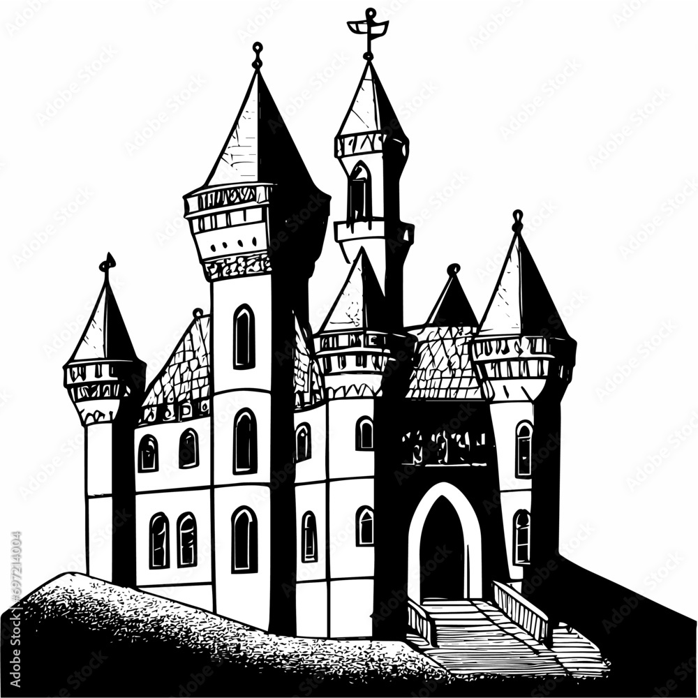 Black and white castle hand drawn illustration 