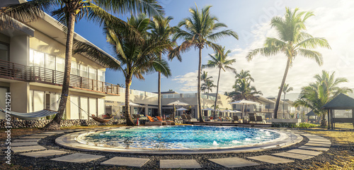 Panoramic View at Swiming-Pool inside a Luxury Sub-Tropical Resort by Morning Light