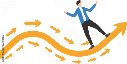 Business trend, initiative thinking to be different and lead to success, trend setter or leadership to follow, leading direction concept, businessman riding trend arrow followed by small followers.

