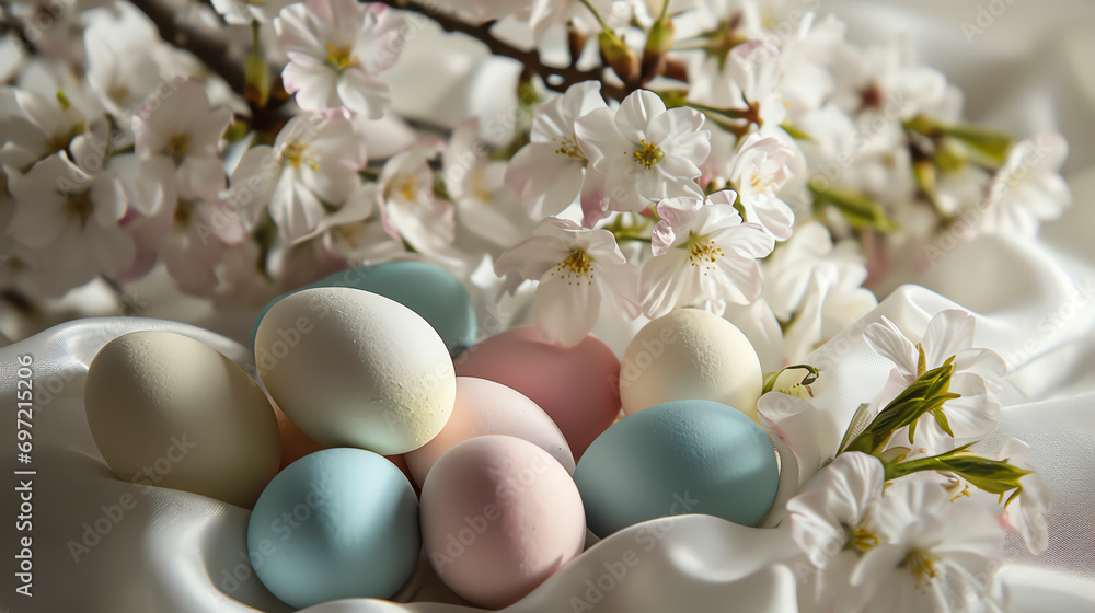 Serene Easter Elegance with White and Pastel Eggs Amidst Cherry Blossoms