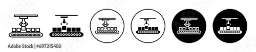 Assembly Icon. automatic product cargo shipment delivery lifting through robotic arm to increase productivity by plant or factory machine automation assembly line symbol. industrial work conveyor belt