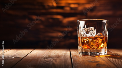 Whiskey with ice on wooden table in liquor store