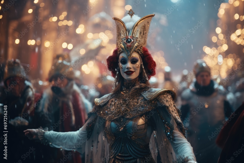 Obraz premium Festive Glow: In a City Square Drenched in Decorations, the Holiday Spirit Takes Center Stage, Illuminated by Lights and the Collective Joy of a Seasonal Celebration