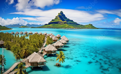 Peaceful and tranquil lagoon in Bora Bora, French Polynesia, with crystal-clear waters and overwater bungalows dotting the shoreline photo