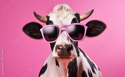 Funny cow with sunglasses in front of pink studio background © Curioso.Photography