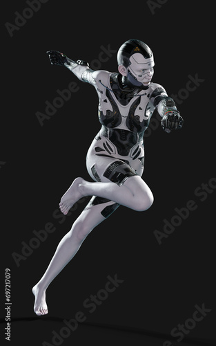 3d Illustration of A woman AI cyborg pose on black background with clipping path. AI project. © mrjo_7