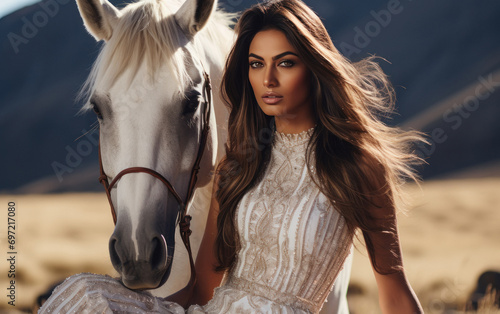 young indian woman standing with horse