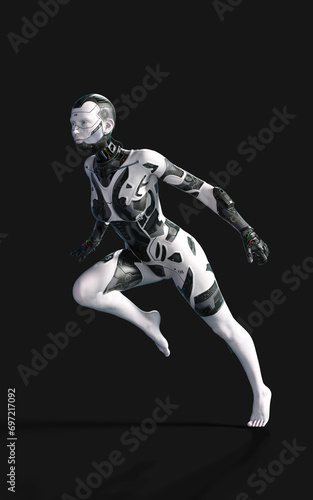 3d Illustration of A woman AI cyborg pose on black background with clipping path. AI project. © mrjo_7