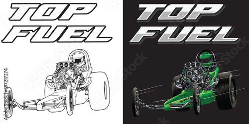 Outline and painted racing car. Isolated in black background, for t-shirt design, print, and for business purposes.