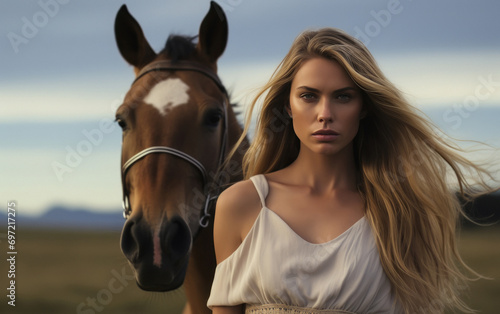 young beautiful woman standing with horse