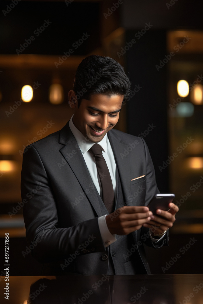 young indian handsome businessman using smartphone