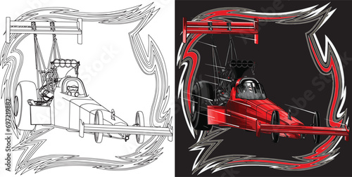 Outline and painted racing car. Isolated in black background, for t-shirt design, print, and for business purposes.