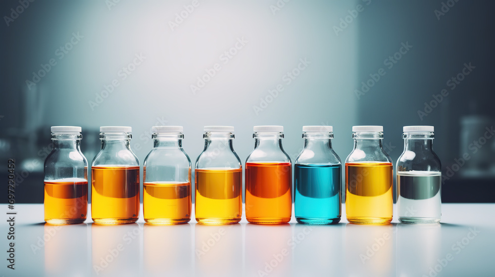Glass vials with multicolored liquids on table in medical laboratory
Glass vials with multicolored liquids on table in medical laboratory
