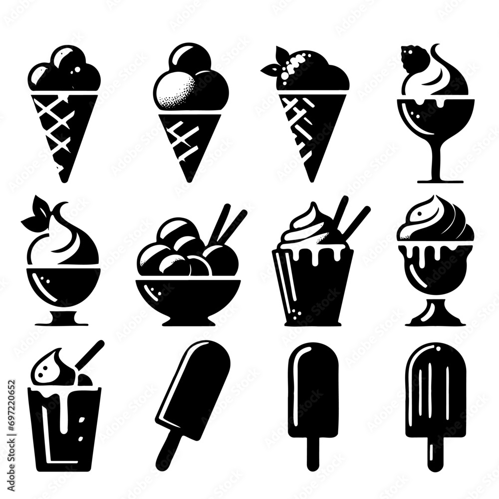 Sketch Ice cream icons frozen creamy desserts, gelato ice cream, wafer cone, caramel eskimo or chocolate glaze sundae whipped cream and fruit ice, fresh vanilla scoops - obrazy, fototapety, plakaty 