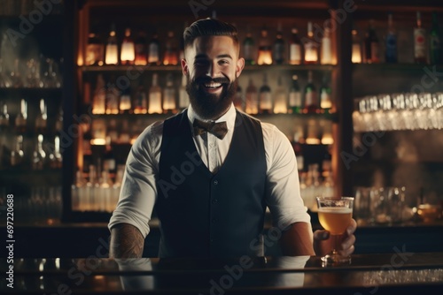 Elixir Maestro: Amidst the Modern Bar Setting, the Bearded Barman Takes Center Stage, Offering a Masterful Display of Mixology Artistry and Exquisite Libations.