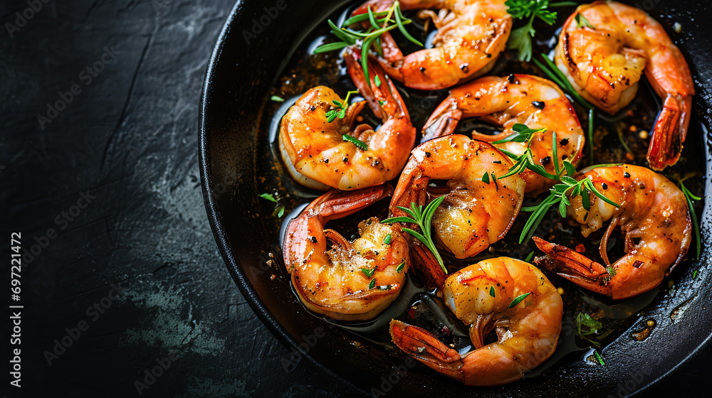 Grilled tiger prawns, shrimp, with lemon and herbs in frying pan Grilled tiger prawns, shrimp, with lemon and herbs in frying pan